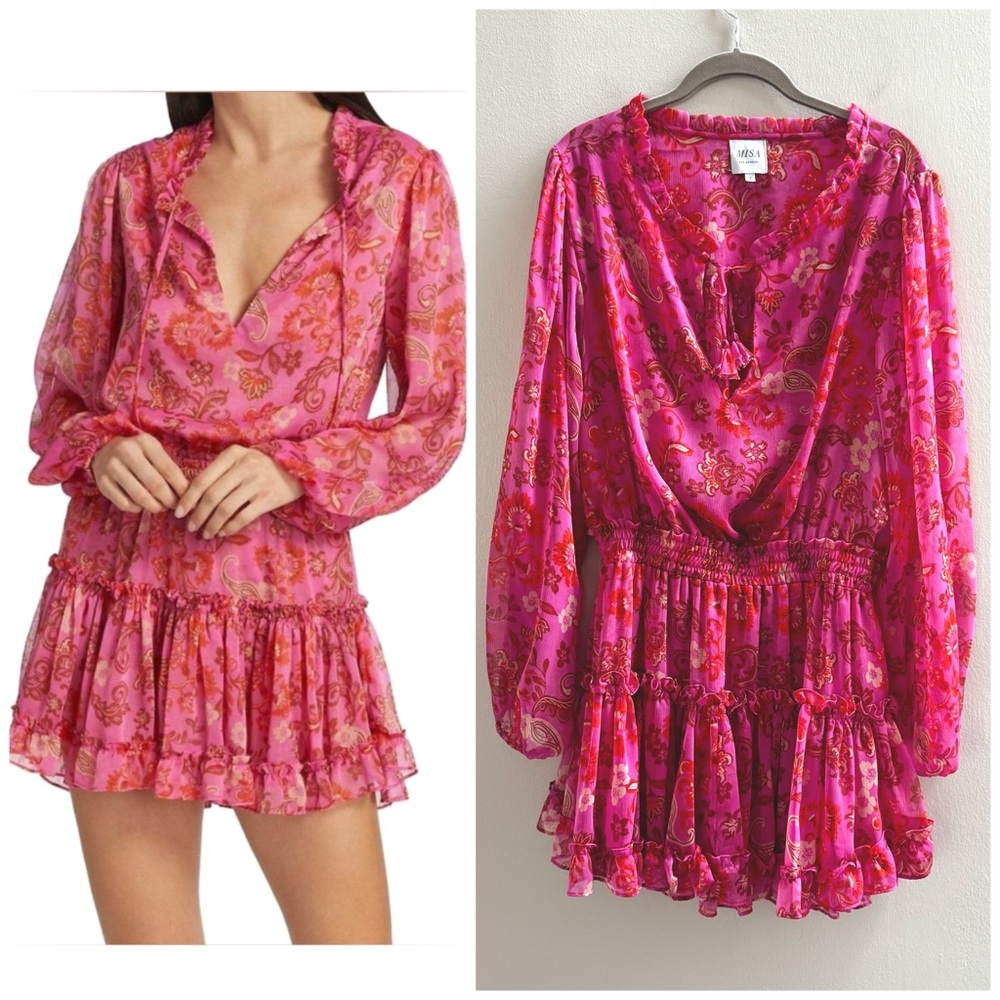 MISA Los Angeles Lorena Pink Floral Chiffon Mini Dress NWOT Size Large